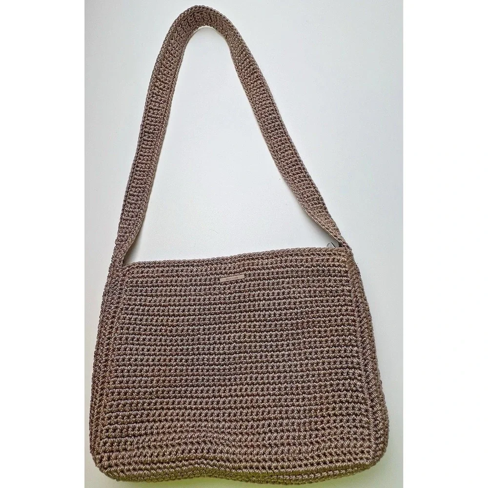 The Sak Purse Womens Brown Crochet Shoulder Bag Pockets Zip